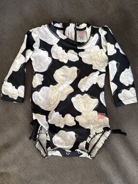 Ruffle Butts Black & White Floral Long-Sleeve One-Piece Swimsuit